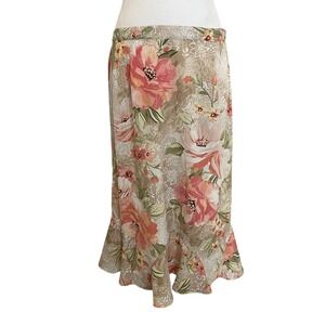 Floral Trumpet Hem Midi Skirt Beige‎ Pink Flowers Cottagecorecorecore